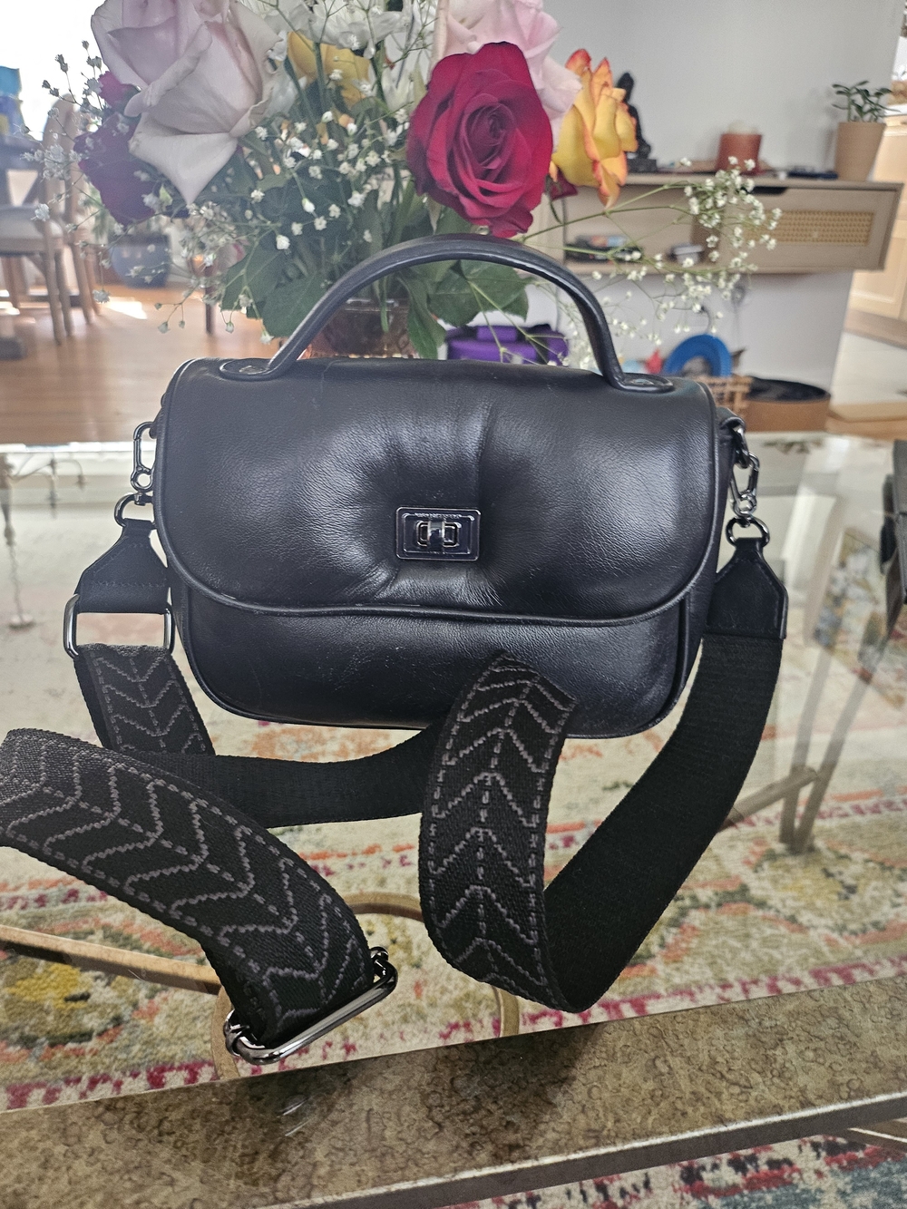 Black Leather Top-Handle Crossbody Bag